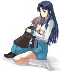  2girls asakura_ryouko bangs black_legwear blue_eyes blue_hair closed_eyes half_updo hug inui_nagi lavender_hair long_hair long_sleeves multiple_girls nagato_yuki no_shoes school_uniform serafuku short_hair sidelocks simple_background sitting skirt socks suzumiya_haruhi_no_yuuutsu white_background white_legwear yuri 