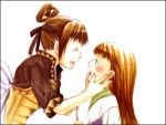  2girls :d armor blush brown_hair closed_eyes gensou_suikoden gensou_suikoden_v logicon long_hair lowres lymsleia_falenas miakis multiple_girls open_mouth simple_background smile toothbrush white_background 