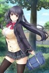  1girl bag black_eyes black_hair black_legwear breasts cardigan chain-link_fence character_request copyright_request fence hair_ribbon highres large_breasts long_sleeves mikoto_akemi ribbon school_uniform skirt smile tagme thigh-highs 
