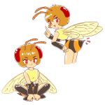  1girl antennae bee bee_girl brown_hair food fruit insect_girl melon monster_girl pukao short_hair simple_background wings 