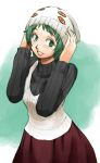  1girl atlus d=code gradient gradient_background green_eyes green_hair hat persona persona_3 short_hair smile solo sweater yamagishi_fuuka 
