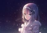  1girl blue_eyes expressionless eyebrows_visible_through_hair hairband hood hooded_jacket jacket looking_at_viewer original short_hair snow snowing visible_air white_hair windfeathers winter_clothes 