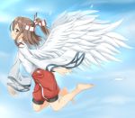  1girl absurdres bare_legs barefoot blue_sky brown_eyes brown_hair clouds cloudy_sky feathered_wings flying hachimaki hakama headband highres japanese_clothes kantai_collection looking_at_viewer nedia_r ponytail sky smile solo white_wings wings zuihou_(kantai_collection) 