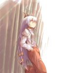  1girl bamboo bamboo_forest bow female forest fujiwara_no_mokou hair_between_eyes hair_bow hands_in_pockets juliet_sleeves long_hair long_sleeves looking_up nature ofuda pants puffy_sleeves red_eyes shirt solo sorano_eika standing suspenders touhou very_long_hair white_hair white_shirt 