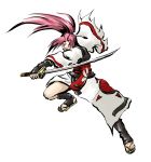  1girl arc_system_works armor baiken fighting_stance guilty_gear hair_over_one_eye japanese_armor japanese_clothes katana kimono kote long_hair obi pink_eyes pink_hair ponytail sandals sash sasuke_(sasuke_no_sato) solo sword tattoo toeless_socks weapon white_background 