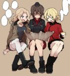  3girls blank_speech_bubble blonde_hair bomber_jacket boots brown_eyes brown_hair crossed_ankles cup darjeeling denim denim_shorts garrison_cap girls_und_panzer hat jacket kay_(girls_und_panzer) long_hair map multiple_girls nishizumi_maho ree_(re-19) short_hair shorts speech_bubble teacup thigh-highs white_legwear 