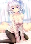  1girl :o alternate_costume arm_support blue_eyes blush breasts cleavage collarbone heart heart_pillow izumi_akane kantai_collection kashima_(kantai_collection) large_breasts long_hair long_sleeves looking_at_viewer no_hat no_headwear off-shoulder_sweater open_mouth pillow ribbed_sweater silver_hair sitting solo sweater thigh-highs twintails yokozuwari 
