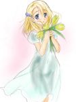  1girl blonde_hair blue_dress blue_eyes bouquet chisato_(missing_park) dress female flower hair_ornament hairclip holding looking_at_viewer pink_background puffy_short_sleeves puffy_sleeves raised_eyebrows short_hair short_sleeves simoun simple_background sketch solo white_dress yun_(simoun) 