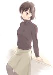  1girl black_legwear black_shirt brown_eyes brown_hair female hair_ornament hairclip light_smile long_sleeves original pantyhose shirt short_hair simple_background sitting skirt solo takahashi_mugi turtleneck white_background 