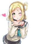  1girl ;o blonde_hair blown_kiss blush braid crown_braid cupping_hands double-breasted green_eyes hair_rings hair_tie harunabe_(refresh_star) heart leaning_forward long_sleeves looking_at_viewer love_live! love_live!_sunshine!! neckerchief ohara_mari one_eye_closed pleated_skirt simple_background skirt solo tie_clip white_background 