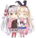  2girls :o ^_^ amatsukaze_(kantai_collection) anchor anchor_hair_ornament blonde_hair blue_skirt blush breath brown_dress brown_eyes cardigan checkered_scarf closed_eyes dress flower garter_straps hair_ornament hair_tubes hairband kantai_collection long_hair long_sleeves miniskirt multiple_girls no_gloves pink_scarf red_legwear sailor_dress scarf school_uniform serafuku shared_scarf shimakaze_(kantai_collection) short_dress silver_hair skirt smile striped striped_legwear thigh-highs two_side_up windsock yoshikita_popuri 