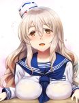  1girl alternate_costume between_breasts blush breast_press breast_rest breasts brown_eyes commentary_request drunk grey_hair hair_between_eyes hat highres kantai_collection large_breasts long_hair long_sleeves looking_at_viewer mini_hat neckerchief open_mouth out_of_frame pola_(kantai_collection) sailor_collar school_uniform serafuku solo sorano_(12gou) uniform wavy_hair 