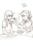  2girls azusa azusa_(hws) feeding maid monochrome multiple_girls original sick spoonfeeding 