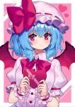  1girl :o bat_wings blue_hair blush bow bowtie box breasts center_frills commentary_request dress eyebrows_visible_through_hair frills hat hat_bow heart-shaped_box highres holding holding_box looking_at_viewer medium_breasts mob_cap pink_dress pink_headwear red_bow red_eyes red_neckwear remilia_scarlet short_hair solo touhou v-shaped_eyebrows wings wrist_cuffs yuujin_(yuzinn333) 