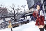  2girls highres ikeda_kazumi kanon minase_nayuki multiple_girls red_skirt school_uniform serafuku skirt snow snowing thigh-highs tsukimiya_ayu 