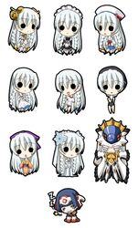  2girls alternate_costume ar_tonelico ar_tonelico_i armor bow chibi dress gust gym_uniform hair_bow hair_ornament hat helmet japanese_clothes kimono long_hair mei_mei_(ar_tonelico) meimei_(ar_tonelico) multiple_girls one-piece_swimsuit school_swimsuit school_uniform serafuku shurelia swimsuit wedding_dress white_hair yukata 