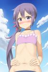  1girl akebono_(kantai_collection) bell blue_sky blush choker clouds cloudy_sky collarbone embarrassed flower from_below hair_flower hair_ornament hands_on_hips highres kantai_collection long_hair looking_at_viewer navel nedia_r open_mouth purple_hair side_ponytail sky solo violet_eyes 