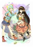  2girls absurdres atelier_(series) atelier_shallie beltskirt black_eyes black_hair book bowl carrot carrying dress female fingerless_gloves flask full_body gloves green_eyes green_hair hairband hat hidari_(left_side) high_heels highres holding long_hair looking_at_viewer multiple_girls official_art onion open_mouth plaid plaid_skirt pleated_skirt shallistera_(atelier) shallotte_elminus shoes skirt sleeves_past_elbows smile sneakers test_tube 