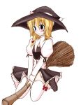  1girl blonde_hair blush broom broom_riding female hat kirisame_marisa solo thigh-highs touhou witch witch_hat 