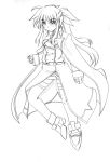  1girl cape clenched_hands fate_testarossa fingerless_gloves gloves lyrical_nanoha magical_girl mahou_shoujo_lyrical_nanoha mahou_shoujo_lyrical_nanoha_a&#039;s mahou_shoujo_lyrical_nanoha_strikers monochrome simple_background solo twintails zero_point 