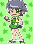  1girl androgynous bare_shoulders belt black_gloves buckle closed_mouth determined dress fingerless_gloves gloves green_background green_dress green_eyes looking_at_viewer lowres matsubara_kaoru powered_buttercup powerpuff_girls powerpuff_girls_z shoes short_hair simple_background sleeveless sleeveless_dress smirk solo spiky_hair star vest 