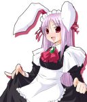  1girl alternate_costume animal_ears blush enmaided female long_hair lowres maid natsumi_akira purple_hair rabbit_ears red_eyes reisen_udongein_inaba simple_background skirt_hold solo touhou white_background 