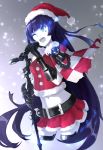  1girl alternate_costume belt black_hair blue_eyes breasts capelet christmas fur_trim gauntlets glowing glowing_eyes hat highres holding_microphone kantai_collection light_cruiser_oni long_hair microphone microphone_stand midriff music navel one_eye_closed open_mouth red_skirt santa_costume santa_hat shinkaisei-kan singing skirt smile solo star weasel_(close-to-the-edge) 