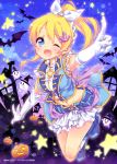 1girl 2014 :d ;d ayase_eli bare_shoulders bat blonde_hair blue_eyes blush boots breasts cleavage_cutout crop_top dancing_stars_on_me! ech elbow_gloves ghost gloves hair_ornament halloween jack-o&#039;-lantern jumping long_hair looking_at_viewer love_live! love_live!_school_idol_project navel one_eye_closed open_mouth ponytail pumpkin scrunchie skirt sky smile solo star text white_gloves 