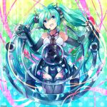  1girl aqua_eyes aqua_hair fingerless_gloves hatsune_miku headphones long_hair looking_at_viewer microphone open_mouth smile solo speakers tagme thigh_highs twintails vocaloid 