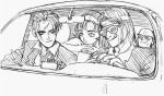  1girl 3boys annie_hamilton atlus car gouketsuji_ichizoku ground_vehicle hairband keith_wayne monochrome motor_vehicle multiple_boys murata_renji official_art scar sunglasses thin-nen thin_nen vehicle white_buffalo 