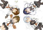  4girls akatsuki_(kantai_collection) anchor_symbol and_dokari badge black_legwear black_skirt blue_eyes brown_hair closed_eyes folded_ponytail footprints hair_ornament hibiki_(kantai_collection) highres ikazuchi_(kantai_collection) inazuma_(kantai_collection) kantai_collection long_hair lying multiple_girls neckerchief official_art on_back open_mouth orange_eyes pleated_skirt purple_hair sailor_collar school_uniform serafuku short_hair silver_hair skirt snow snow_bunny yellow_eyes 