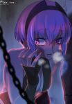  1girl assassin_(fate/prototype_fragments) bare_shoulders blood blood_from_mouth breasts bruise chains cleavage commentary_request fate/grand_order fate_(series) fingerless_gloves gloves hairband hand_on_own_cheek injury open_mouth purple_hair revealing_clothes short_hair solo tears torichamaru twitter_username upper_body violet_eyes 