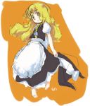  1girl apron barefoot blonde_hair bow braid dress feet female food fruit full_body hat hat_removed headwear_removed holding kirisame_marisa long_hair looking_at_viewer open_mouth orange randou ribbon side_braid single_braid sketch solo touhou witch witch_hat yellow_eyes 