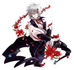  1boy butler deere_(fire_emblem_if) european_clothes fire_emblem fire_emblem_if flower gloves grey_hair insarability jacket kunai looking_at_viewer solo_focus violet_eyes weapon 