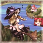  1girl blonde_hair broom broom_riding female flying from_behind hat hong_meiling kirisame_marisa looking_back sidesaddle solo sparkle the_embodiment_of_scarlet_devil touhou witch witch_hat 