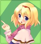  1girl alice_margatroid blonde_hair blue_eyes blush capelet female head_tilt headband looking_at_viewer pointing ribbon scarf short_hair solo tilm touhou upper_body 