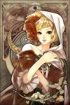  1girl animal art_nouveau bare_shoulders bird black_eyes blonde_hair braid chkuyomi dove dress falcon flower hair_flower hair_ornament hood long_hair mucha-esque plant ribbon solo twin_braids very_long_hair 