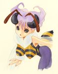  1girl antennae bee_girl breasts capcom huge_breasts insect_girl monster_girl nanase_aoi no_pupils q-bee simple_background solid_eyes solo vampire_(game) wings 