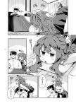  1boy 1girl :d =d admiral_(kantai_collection) breast_press breast_rest breasts breasts_on_head comic commentary_request curly_hair desk greyscale hair_ribbon hat imu_sanjo kantai_collection lying military military_uniform monochrome naganami_(kantai_collection) naval_uniform on_stomach open_mouth peaked_cap pillow ribbon school_uniform smile translation_request triangle_mouth uniform window wooden_floor 