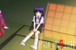  2girls against_wall black_skirt blue_hair bow female footwear full_body furude_rika hanyuu higurashi_no_naku_koro_ni hime_cut indoors kneehighs looking_at_viewer minase_ruruu multiple_girls pink_bow purple_hair red_eyes school_uniform serafuku shirt short_sleeves sidelocks simple_background skirt socks sunlight suspender_skirt suspenders violet_eyes white_legwear white_shirt 