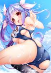  1girl absurdres ass bare_shoulders blue_hair blue_sky breasts clouds day fang from_behind hair_ribbon highres i-19_(kantai_collection) kantai_collection large_breasts long_hair looking_at_viewer looking_back name_tag ocean one-piece_swimsuit open_mouth outdoors red_eyes ribbon school_swimsuit sky solo straddling swimsuit torn_clothes torn_swimsuit torpedo twintails wakagi_repa water wet 