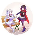  2girls bench black_hair blue_eyes boots cape cellphone closed_eyes cobblestone commentary cuffs earrings handcuffs iesupa jacket jewelry key multiple_girls musical_note open_mouth phone ponytail road ruby_rose rwby smartphone smile street surprised thigh-highs thighs tiara weiss_schnee white_hair 