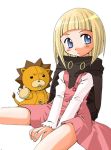  1girl ayachin bleach blonde_hair blue_eyes blush kon ririn short_hair simple_background sitting stuffed_animal stuffed_lion stuffed_toy 