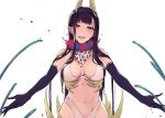  1girl ane_naru_mono black_hair blush breasts chiyo_(ane_naru_mono) demon_girl elbow_gloves eyeball gloves horns large_breasts long_hair looking_at_viewer navel open_mouth outstretched_arms pochi_(pochi-goya) smile solo spread_arms tentacle upper_body very_long_hair violet_eyes white_background 