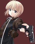  00s 1girl armpit_holster blonde_hair blue_eyes cz-75 gun gunslinger_girl handgun holster pistol rico short_hair shoulder_holster simple_background solo trigger_discipline weapon 