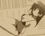  1girl bikini blush breasts chair large_breasts long_hair mitsumi_misato monochrome solo swimsuit water wet 