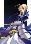  1girl armor blonde_hair caliburn dual_wielding excalibur fate/stay_night fate_(series) gradient gradient_background green_eyes highres saber shingo_(missing_link) solo sword weapon 