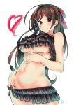  1girl bikini bikini_skirt breasts brown_hair cowboy_shot frilled_bikini frills hair_ornament hairclip heart highres kantai_collection long_hair lowleg lowleg_bikini mamiya_(kantai_collection) navel pink_eyes swimsuit tagme tatusinomu under_boob 