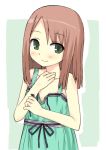  1girl blush bow brown_hair collarbone dress eyebrows eyebrows_visible_through_hair flat_chest green_background green_eyes hand_on_own_chest ikura_hato looking_at_viewer original ribbon short_hair simple_background sleeveless sleeveless_dress smile solo sundress 