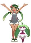  1girl alpha_transparency arms_up blush dark_skin flower green_eyes green_hair hair_flower hair_ornament long_hair mallow_(pokemon) open_mouth outstretched_arms pokemon pokemon_(game) pokemon_sm smile solo spread_arms steenee tonami_kanji transparent_background trial_captain twintails 